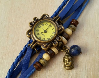 Retro Watch Blue Leather Watch Bracelet Watch Boho Watch Wristwatch with Budha and Natural Stone Boho Jewelry