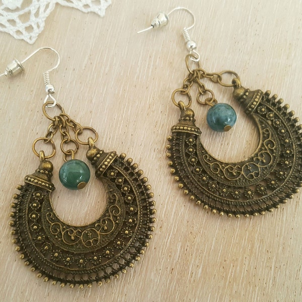 Retro Earrings Bronze Onyx Earrings Boho Earrings Dangle Earrings Green Onyx Earrings Crescent Shaped Earrings