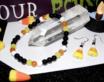 Candy Corn Bracelet and Earring jewelry set. Howlite and glass beads. Includes Bracelet and earrings