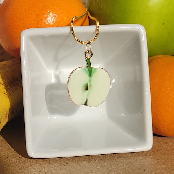Crisp Green Apple fruit slice necklace! Summer beach accessory. Enamel charm on gold plated chain.