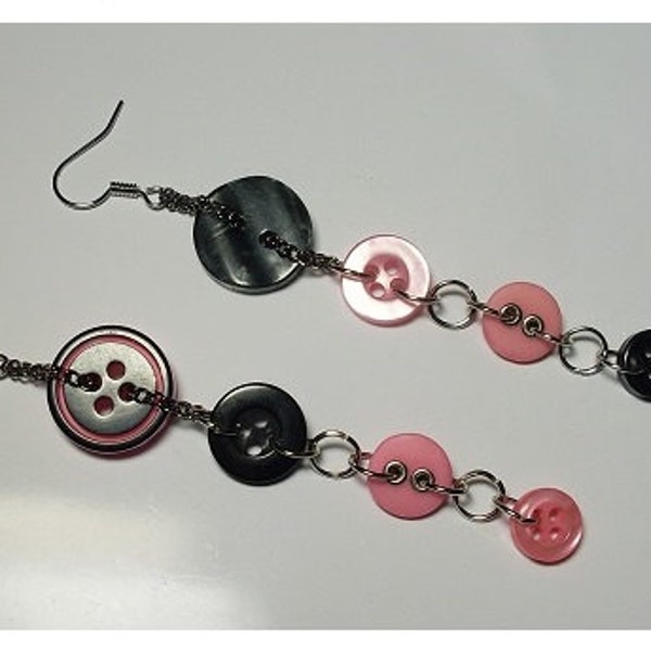 Pink and Black, Button earrings. Super funky and punk style. Loud and sassy! Express yourself! Silver hooks