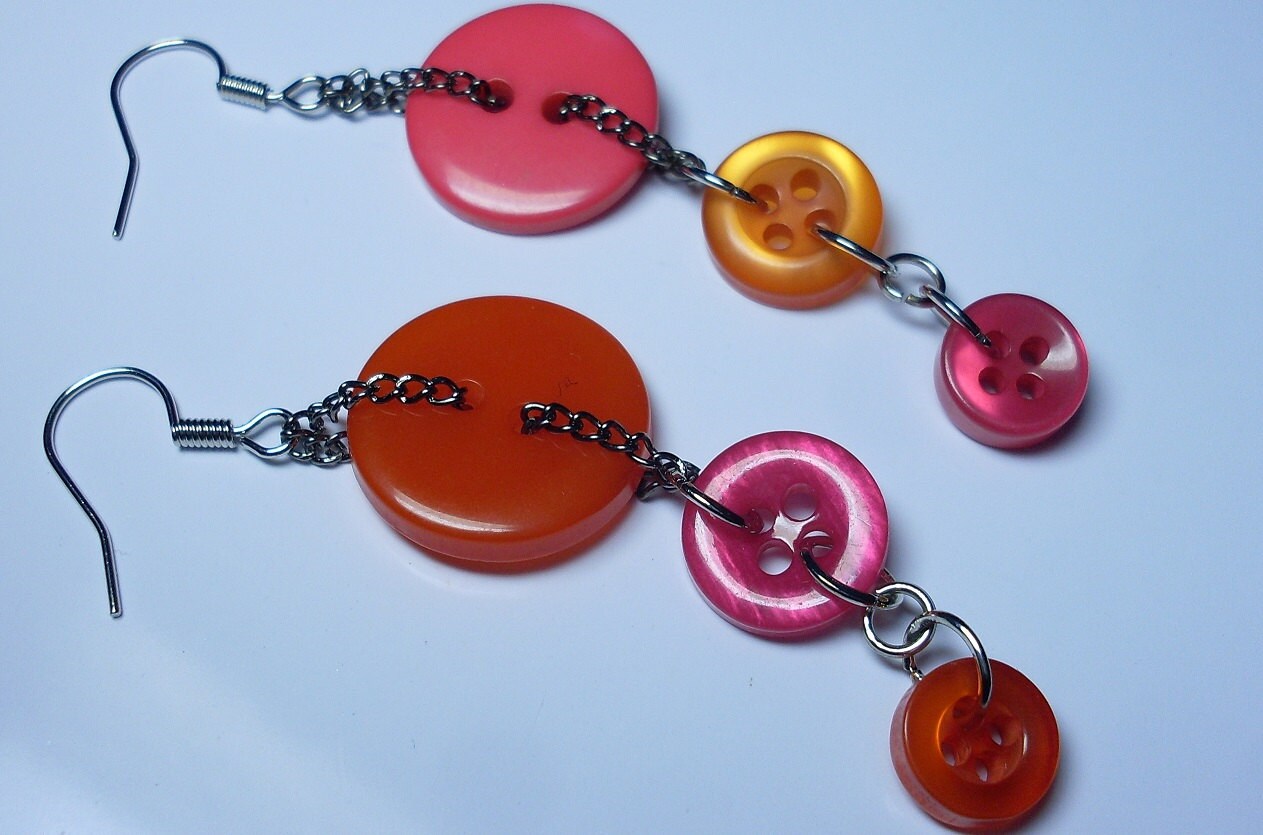 Pink and Orange Button Dangle Earrings With silver earring Etsy