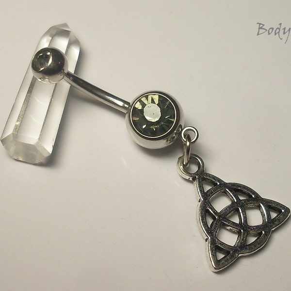 Irish Celtic Knot, Triquetra Trinity Triangle belly piercing! Beautiful grey gems with knot charm. 14 gauge