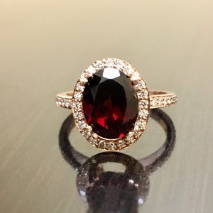 18K Rose Gold Diamond Garnet Engagement Ring - Art Deco Rose Gold Garnet Diamond Wedding Ring - Halo Diamond Ring - Garnet Rose Gold Ring