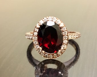 Anillo de diamantes de 18K rosa diamante granate anillo de compromiso - Art Deco oro rosa granate diamante anillo de bodas - Halo - anillo oro rosa granate