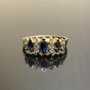 14K Yellow Gold Sapphire Diamond Engagement Ring - 14K Gold Sapphire Diamond Wedding Ring - Marquise Sapphire Diamond Ring - Sapphire Ring