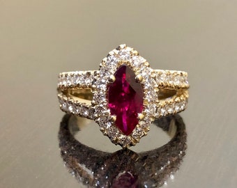 18K Yellow Gold Ruby Diamond Engagement Ring - 18K Gold Diamond Marquise Ruby Wedding Ring - 18K Halo Ruby Diamond Ring - 18K Halo Ruby Ring