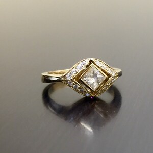 14K Yellow Gold Art Deco Princess Cut Diamond Engagement Ring - Art Deco 14K Gold Diamond Wedding Ring - 14K Halo Princess Cut Diamond Ring