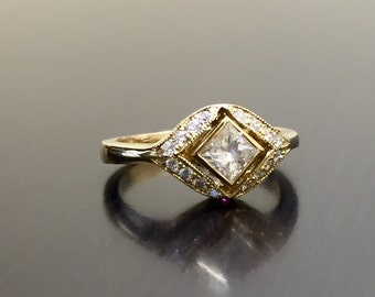 14K Yellow Gold Art Deco Princess Cut Diamond Engagement Ring - Art Deco 14K Gold Diamond Wedding Ring - 14K Halo Princess Cut Diamond Ring