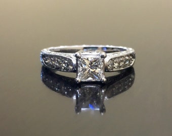 14K oro blanco princesa corte diamante anillo de compromiso - anillo de boda de diamante de corte princesa de Art Deco - mano grabado - anillo de diamante 14K