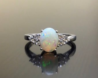 14K White Gold Diamond Art Deco Australian Opal Engagement Ring - 14K Gold Opal Diamond Wedding Ring - 14K Gold Art Deco Opal Diamond Ring