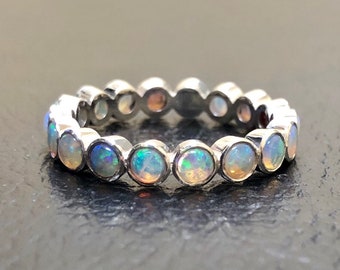 Sterling Silver Handmade Eternity Opal Engagement Band - Silver Eternity Australian Opal Wedding Band - Silver Opal Eternity Band