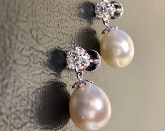 Art Deco Handmade Platinum South Sea Pearl Old European Diamond Earrings - Antique Style Diamond Platinum Drop Pearl Earrings