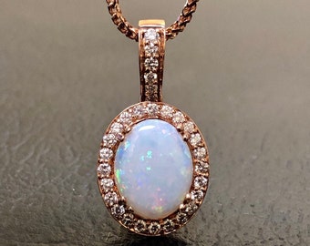 14K Rose Gold Halo Diamond Genuine Australian Opal Necklace - Art Deco Rose Gold Halo Opal Diamond Necklace - 14K Diamond Opal Drop Pendant