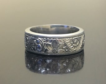 Art Deco Platinum Engagement Band - Art Deco Hand Engraved Platinum Wedding Band - Engraved Platinum Band - Platinum Art Deco Engraved Band