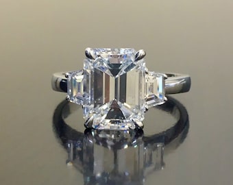Platinum Emerald Cut Diamond Engagement Ring - Art Deco Platinum Diamond Wedding Ring - Emerald Cut Three Stone Diamond Ring - Platinum Ring
