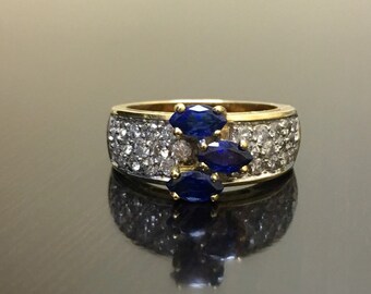 Art Deco 14K Yellow Gold Ceylon Blue Sapphire Diamond Engagement Ring - 14K Art Deco Sapphire Diamond Wedding Ring - Marquise Sapphire Ring