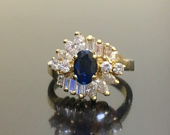 14K Yellow Gold Blue Sapphire Diamond Engagement Ring - 14K Gold Sapphire Diamond Wedding Ring - Art Deco Sapphire Ring - 14K Diamond Ring