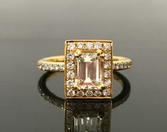 18K Yellow Gold Emerald Cut Diamond Engagement Ring - Art Deco Diamond Wedding Ring - Emerald Cut Halo Diamond Ring - 18K Emerald Cut Ring
