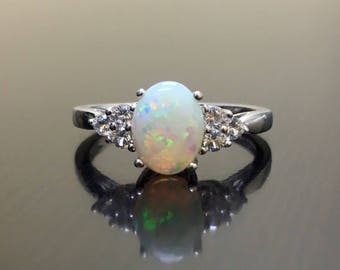 Art Deco Platin Diamant Opal Verlobungsring - Art Deco Opal Diamant Ehering - Opal Platinring - Diamant Opal Ring
