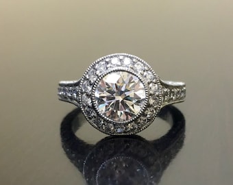 Platinum Halo Diamond Engagement Ring - Platinum Art Deco Diamond Wedding Ring - Hand Engraved Diamond Platinum Ring - Halo Diamond Ring