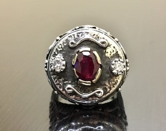 14K Gold Art Deco Diamond Ruby Engagement Ring - Sterling Silver Diamond Art Deco Ruby Wedding Ring - Ruby Diamond Ring - Diamond Ruby Ring