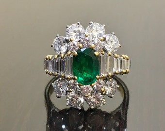 18K Yellow Gold Diamond Art Deco Emerald Engagement Ring - Art Deco Emerald Diamond Wedding Ring - 18K Diamond Emerald Ring - Diamond Ring