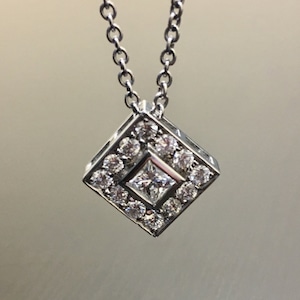 14K White Gold Princess Cut Diamond Necklace - 14K Gold Halo Diamond Pendant - Diamond Princess Cut Halo Necklace - 14K Diamond Drop Pendant
