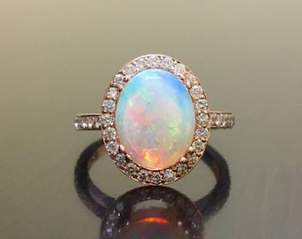 18K Rose Gold Halo Diamond Opal Engagement Ring -  Rose Gold Opal Diamond Wedding Ring - Art Deco Rose Gold Opal Ring - Halo Diamond Ring