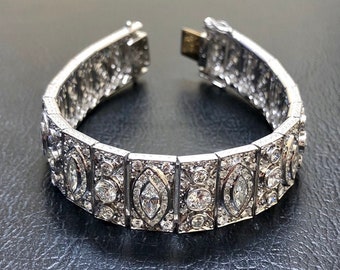 Handmade Vintage Style Hand Engraved Art Deco Platinum Round and Marquise Diamond Bracelet - Art Deco Diamond Engraved Platinum Bracelet