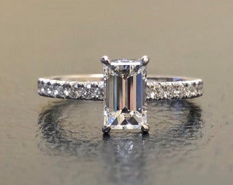 Art Deco 14K White Gold Emerald Cut Diamond Engagement Ring - GIA Certified E Color Diamond Emerald Cut Wedding Ring