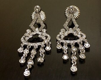 Art Deco 14K White Gold Diamond Chandelier Earrings - Art Deco 14K Gold Chandelier Diamond Earrings - 14K Gold Diamond Art Deco Earrings