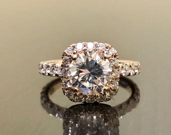 14K Rose Gold Halo Diamond Engagement Ring - Rose Gold Art Deco Diamond Wedding Ring - Rose Gold Diamond Ring - Diamond Halo Rose Gold Ring