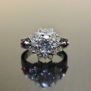 Art Deco Platinum Ruby Diamond Engagement Ring - Platinum Art Deco Ruby Diamond Wedding Ring - Engraved Platinum Ring - Ruby Diamond Ring
