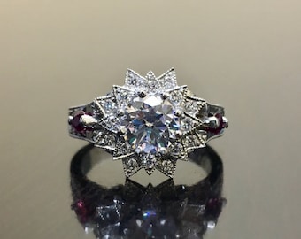 Art Deco Platinum Ruby Diamond Engagement Ring - Platinum Art Deco Ruby Diamond Wedding Ring - Engraved Platinum Ring - Ruby Diamond Ring