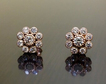 Vintage Inspired Handmade 14K Rose Gold Bezel Set Diamond Earrings - Antique Style Art Deco Round Diamond Rose Gold Stud Earrings