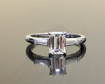 Emerald Cut Diamond Engagement Ring - Art Deco Platinum Diamond Wedding Ring - Emerald Cut Three Stone Diamond Ring - Diamond Platinum Ring