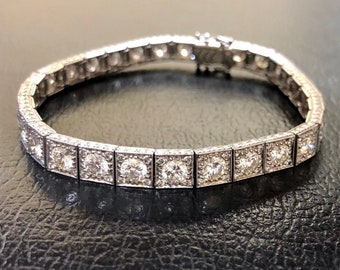 Antique Style Hand Engraved Platinum Art Deco Diamond Tennis Bracelet - Handmade Platinum Engraved Diamond Bracelet - Platinum Bracelet