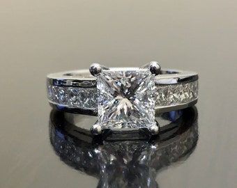 Art Deco Platinum Princess Cut Diamond Engagement Ring - Princess Cut GIA Diamond Wedding Ring - Princess Cut Platinum Ring - Diamond Ring