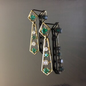 14K Yellow Gold Art Deco Diamond Emerald Earrings - Art Deco 14K Gold Emerald Diamond Earrings - 14K Gold Diamond Emerald Drop Earrings