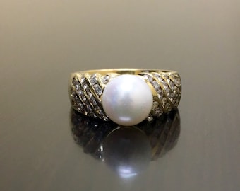 14K Yellow Gold Art Deco Pearl Diamond Engagement Ring - Art Deco 14K Gold Halo Diamond Pearl Wedding Ring - Pearl Diamond Ring - Pearl Ring
