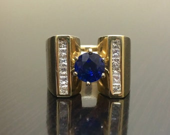 Art Deco 14K Yellow Gold Ceylon Blue Sapphire Diamond Engagement Ring - Art Deco Sapphire Diamond Wedding Ring - 14K Diamond Sapphire Ring