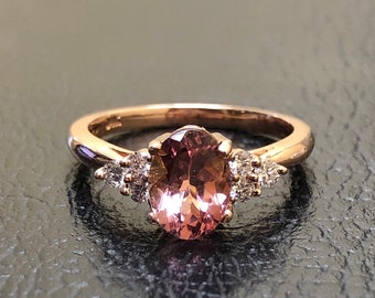 Art Deco 18K Rose Gold Diamond Pink Tourmaline Engagement Ring - Rose Gold Tourmaline Diamond Wedding Ring - Rose Gold Pink Tourmaline Ring