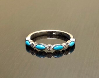 14K White Gold Diamond Turquoise Engagement Band - 14K Gold Turquoise Diamond Wedding Band - Art Deco Diamond Turquoise Band - Diamond Band