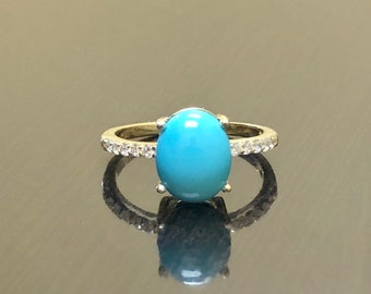 18K Yellow Gold Sleeping Beauty Turquoise Engagement Ring - 18K Gold Turquoise Diamond Wedding Ring - 18K Pave Diamond Oval Turquoise Ring