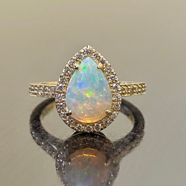 14K Yellow Gold Art Deco Halo Diamond Pear Shape Opal Engagement Ring - Handmade Yellow Gold Halo Opal Diamond Wedding Ring