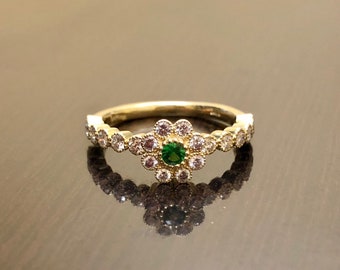 Art Deco Emerald Diamond Engagement Ring - 14K Yellow Gold Diamond Emerald Wedding Ring - Halo Diamond Emerald Ring - 14K Diamond Ring