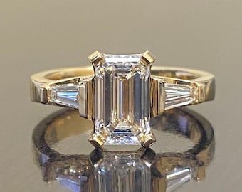 18K Yellow Gold Three Stone GIA Emerald Cut Diamond Engagement Ring - Emerald Cut Three Stone Diamond Wedding Ring - GIA Diamond Ring