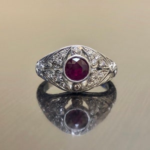Platinum Diamond Art Deco Ruby Engagement Ring - Platinum Ruby Diamond Wedding Ring - Hand Engraved Platinum Ruby Diamond Ring - Ruby Ring