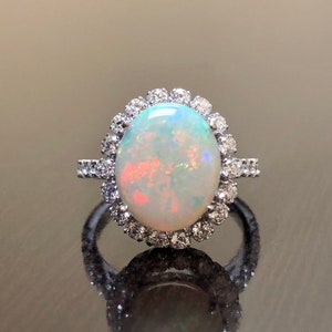 Oval Australian Opal Halo Diamond Engagement Ring - 18K White Gold Art Deco Diamond Halo Opal Wedding Ring - Diamond 18K Gold Halo Opal Ring